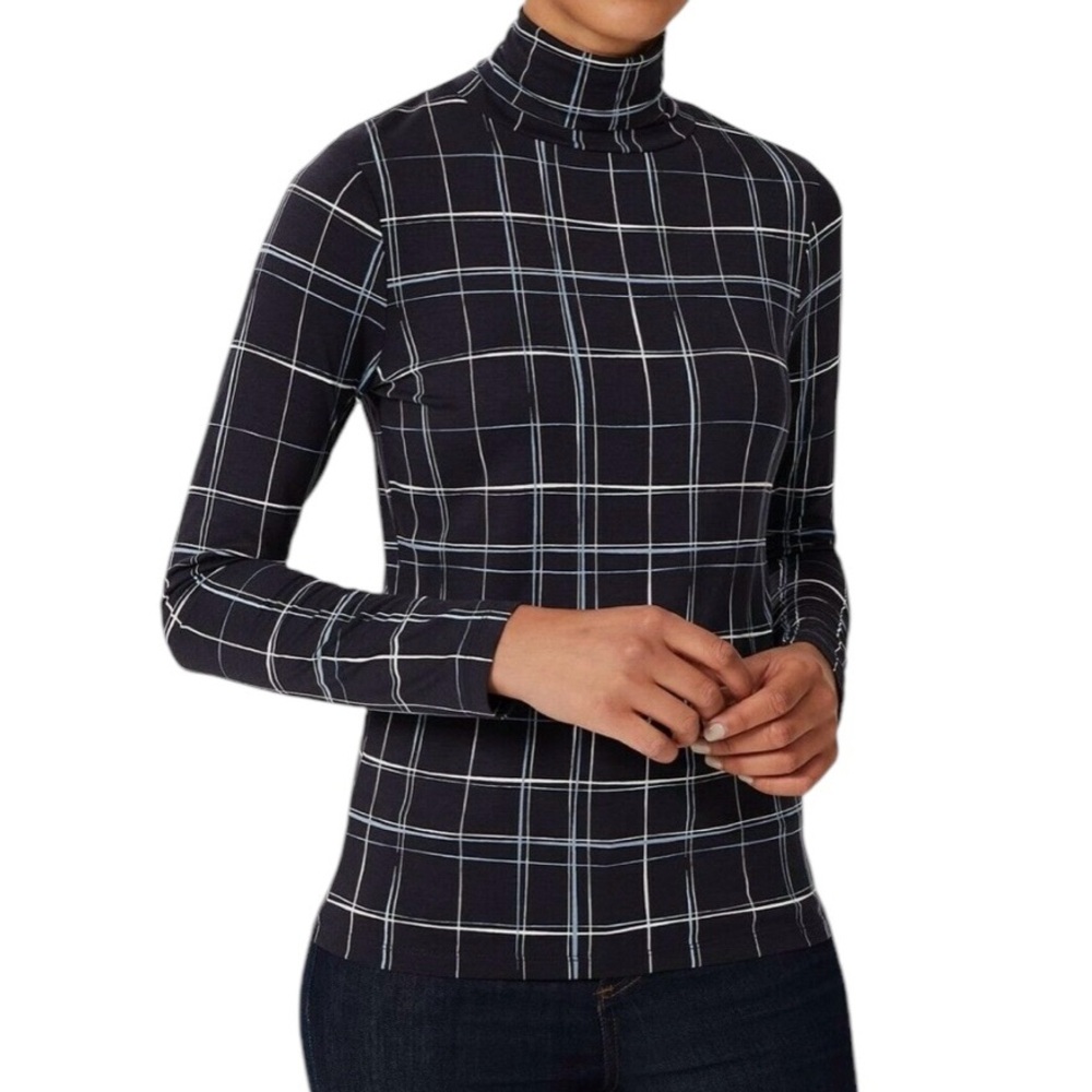 HOBBS London Blue and White Plaid Turtleneck Long Sleeve Mischa Jersey